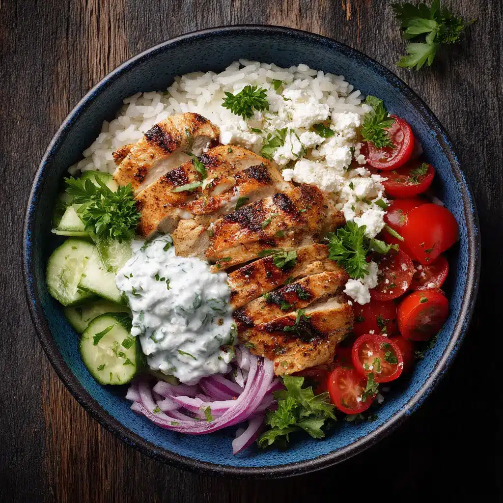 Two assembled Mediterranean chicken bowls ready to be served, highlighting the meal as a perfect option for lunch or dinner.