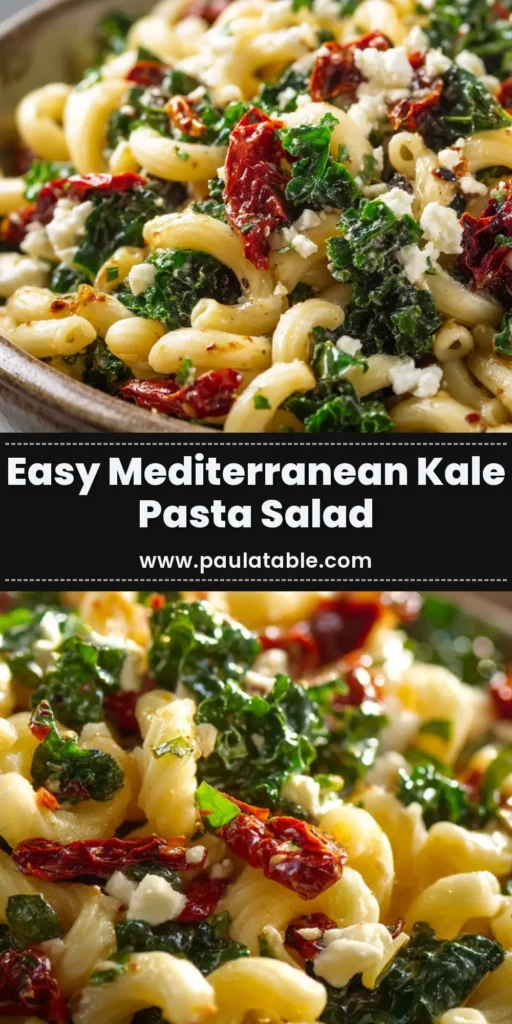 A vibrant and delicious Mediterranean pasta salad in a white bowl, topped with feta cheese and fresh parsley. The perfect easy and healthy recipe.