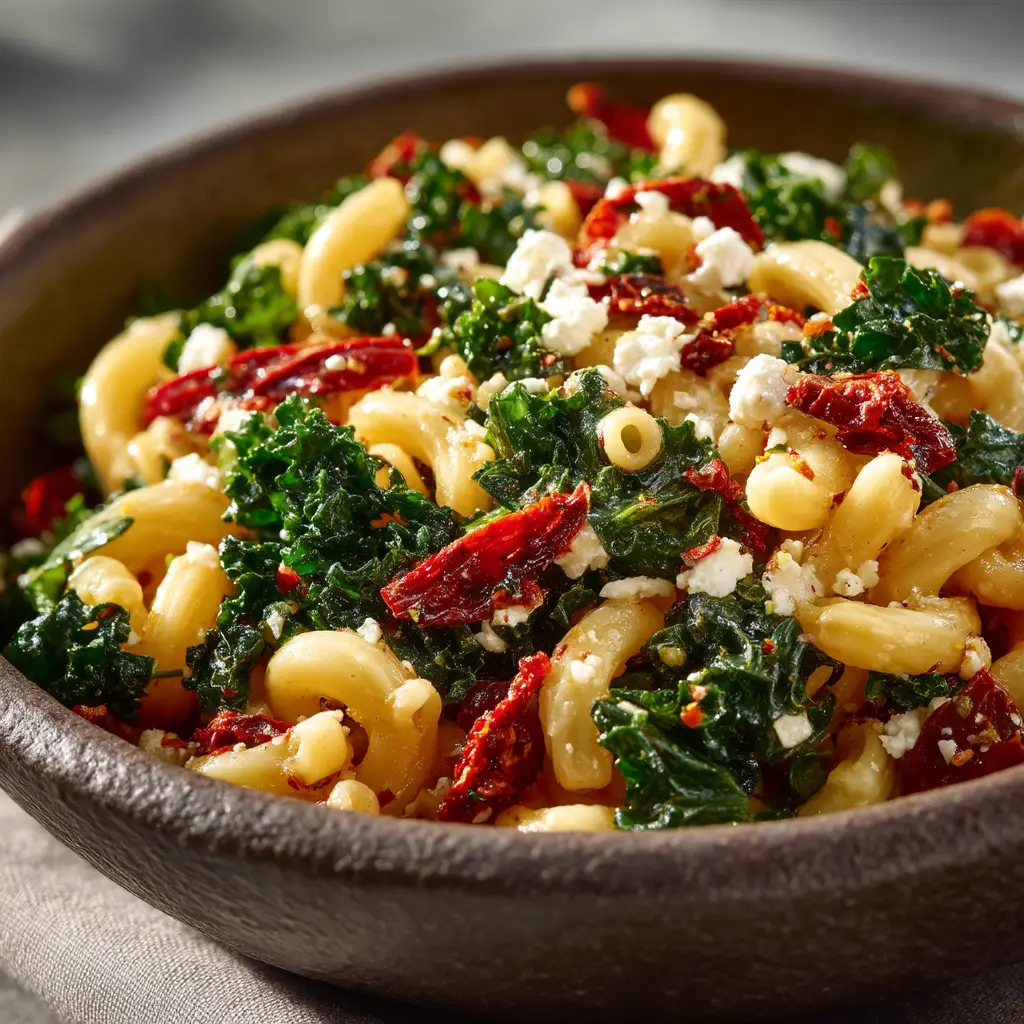 A close-up shot of the Mediterranean pasta salad being tossed in a large bowl, showing off the fresh vegetables and zesty dressing.