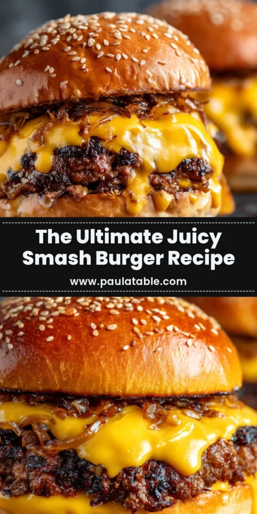 Oklahoma Onion Smash Burger: The Ultimate Diner-Style Recipe 3 A delicious Oklahoma Onion Smash Burger recipe, featuring a juicy beef patty with crispy edges, melted American cheese, and caramelized onions spilling out of a toasted potato bun.