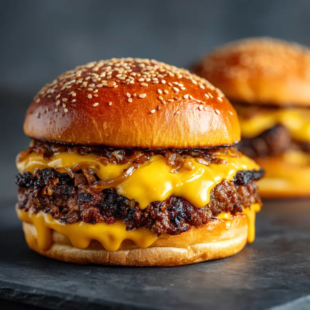 Oklahoma Onion Smash Burger: The Ultimate Diner-Style Recipe 1 Two finished Oklahoma Onion Smash Burgers stacked on a plate, ready to be served, showcasing the melted cheese and toasted buns.