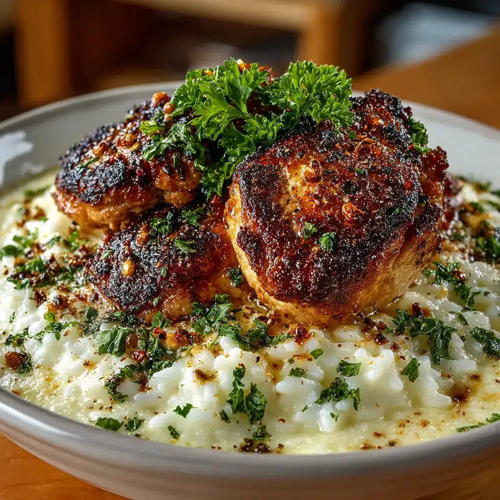 A spoonful of Garlic Parmesan Chicken and Rice being lifted from a pan, ready to be served.