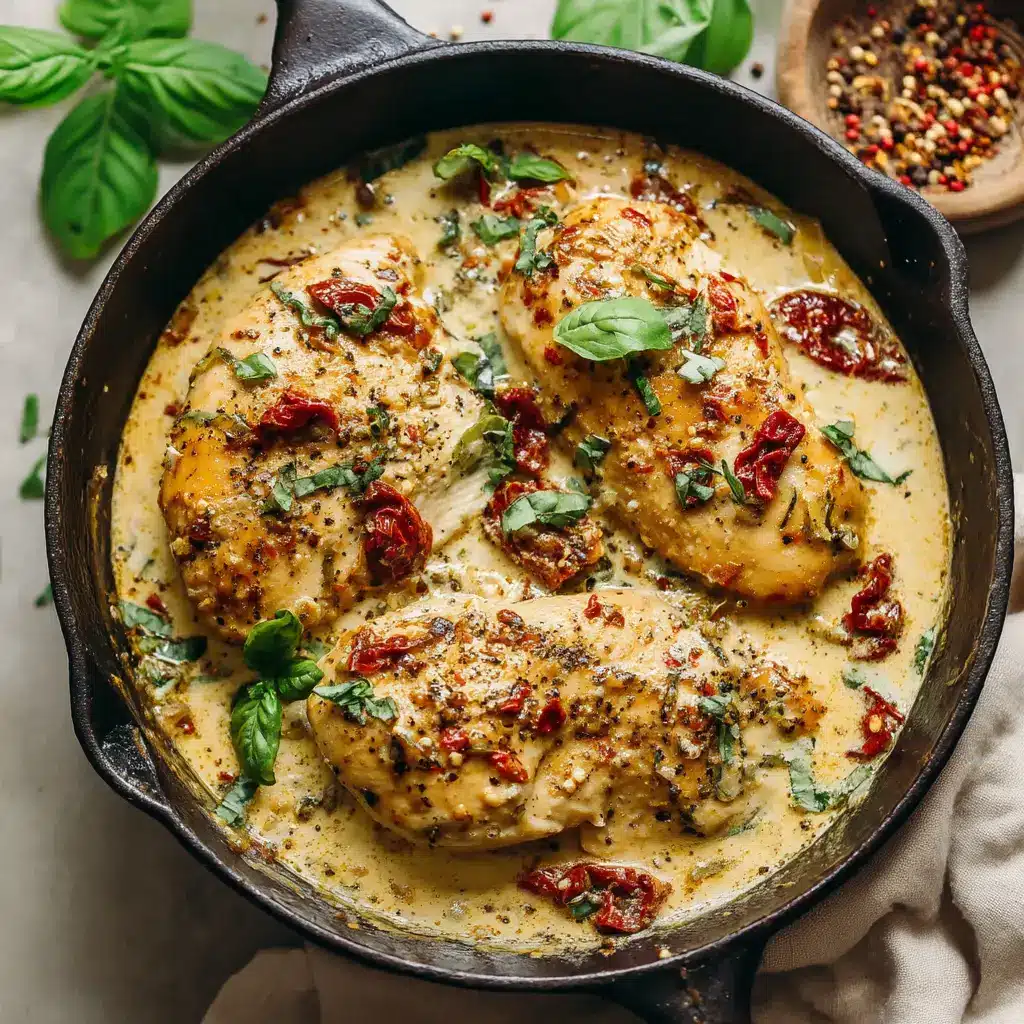 The completed one-pan Marry Me Chicken recipe ready to be served from the skillet, showing the perfectly cooked chicken breasts.