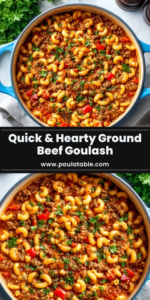 A large white bowl filled with delicious ground beef goulash, featuring tender macaroni and a rich tomato sauce, garnished with fresh parsley.