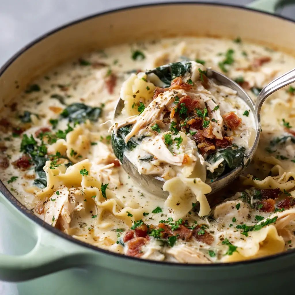 A spoonful of one-pot white lasagna soup being lifted from a bowl, with a piece of lasagna noodle, chicken, and spinach clearly visible.