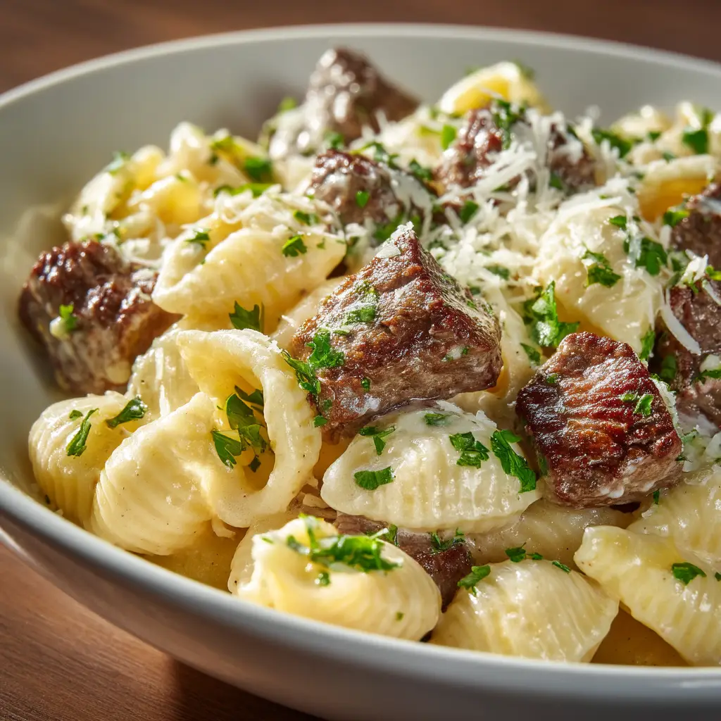 Garlic Butter Steak and Pasta: A Restaurant-Quality Meal at Home 1 A pan-seared sirloin steak, sliced against the grain and ready to be served over a bed of garlic butter pasta.