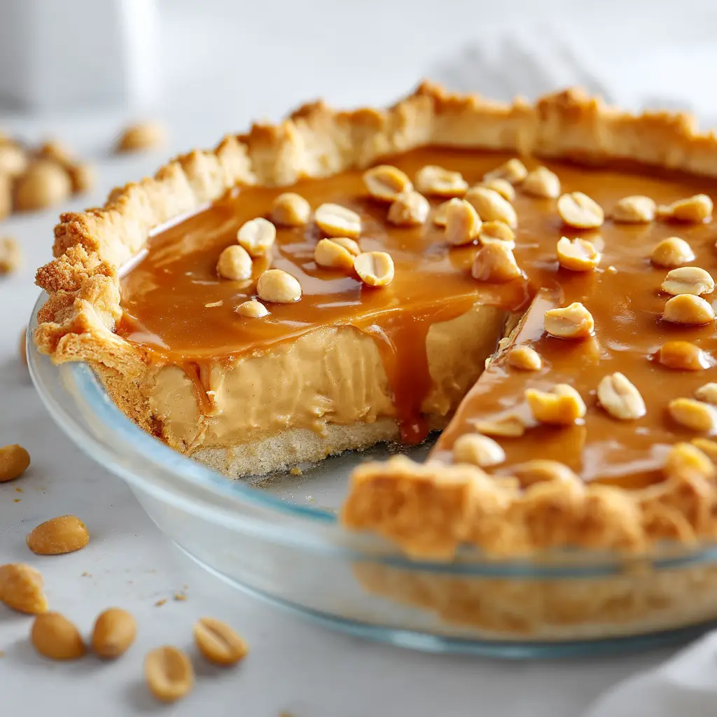 Payday Pie: The Ultimate Salty & Sweet No-Bake Treat 1 A close-up overhead view of the Payday Pie, highlighting the gooey caramel and crunchy salted peanut topping on the creamy filling.