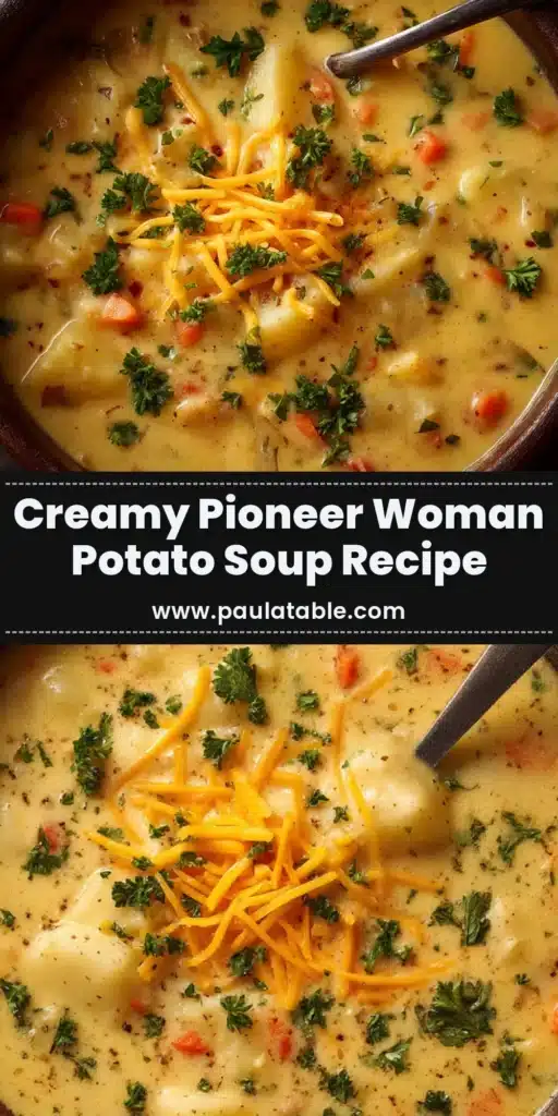 A close-up shot of a white bowl filled with creamy Pioneer Woman Potato Soup, garnished with crispy bacon, shredded cheddar cheese, and fresh green onions.