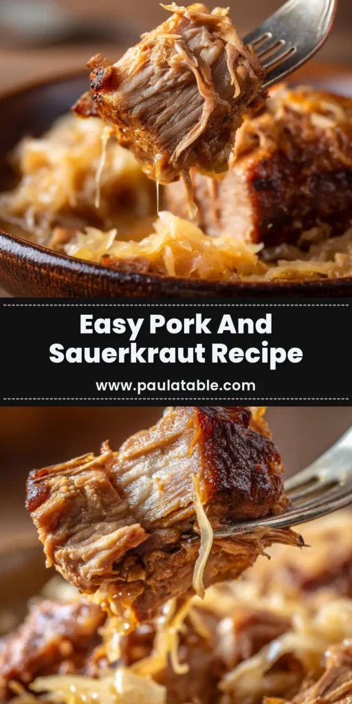 A delicious and tender Pork and Sauerkraut Recipe served in a white bowl. This classic comfort food dish is perfect for a New Year's Day tradition or a cozy family dinner.