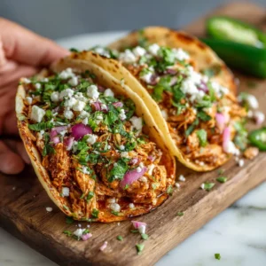 Two street-style Instant Pot chicken tacos filled with juicy shredded chicken, fresh cilantro, and diced onion on a plate.