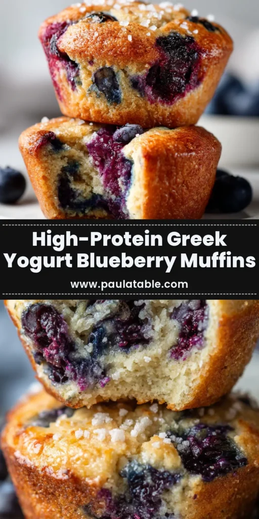 Protein Blueberry Muffins: The Ultimate Healthy & Easy Recipe 3 A close-up shot of delicious, golden-brown protein blueberry muffins stacked on a plate, with fresh blueberries scattered around. The ultimate healthy breakfast recipe.
