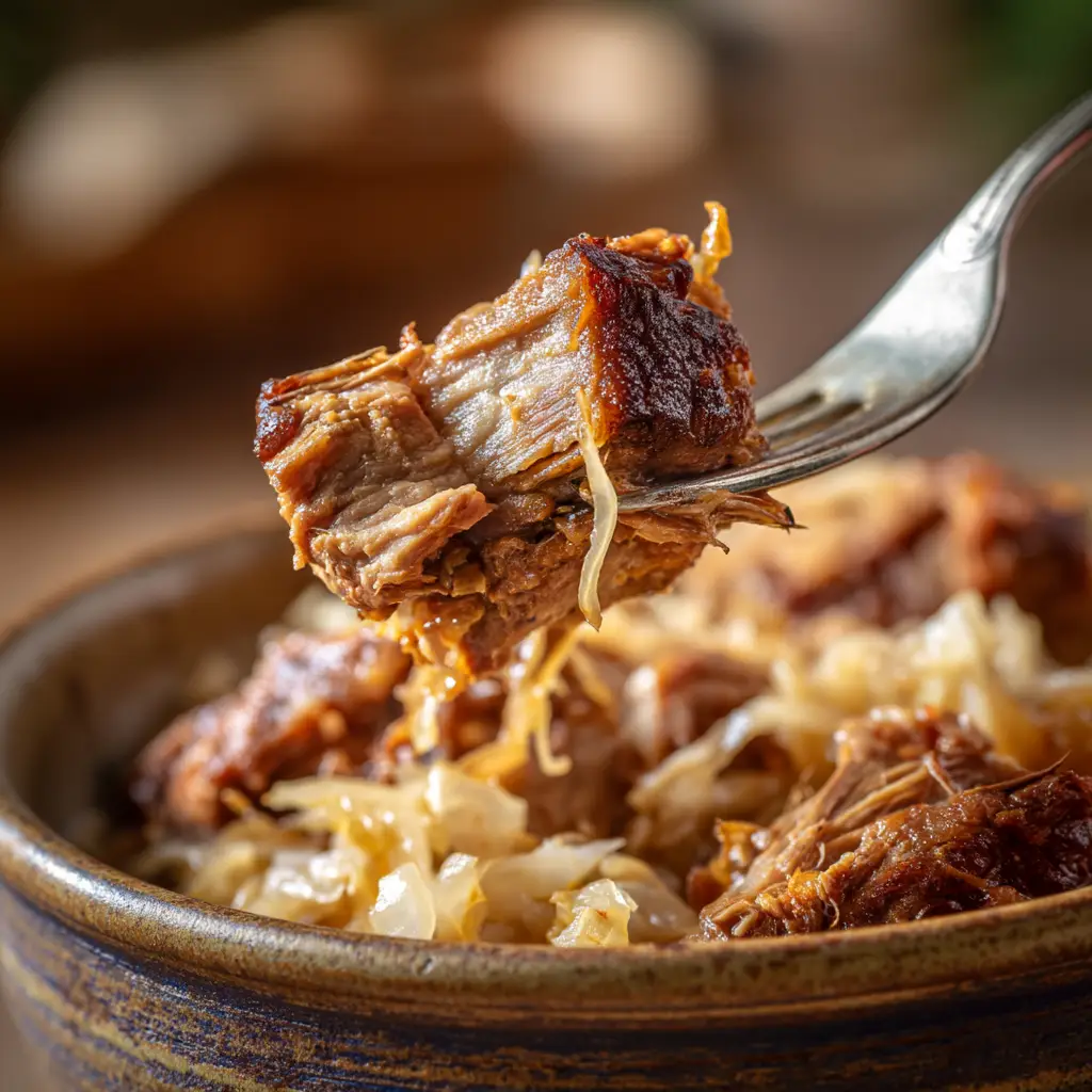 A step-by-step image showing the pork shoulder searing in a Dutch oven to build flavor for the Pork and Sauerkraut Recipe.