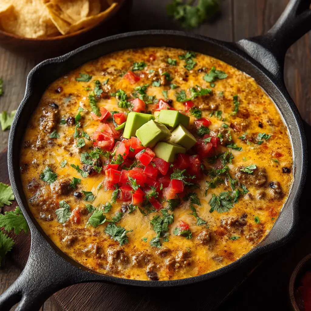 A serving bowl of Cowboy Queso surrounded by tortilla chips, ready for dipping. A hand is shown scooping the queso.