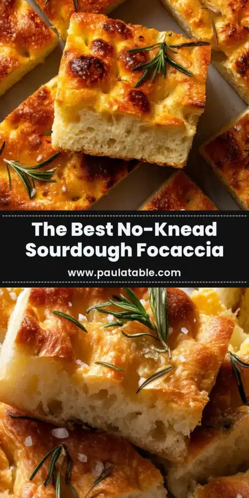 A beautiful overhead shot of a golden-brown, freshly baked sourdough focaccia recipe, garnished with rosemary and flaky sea salt.