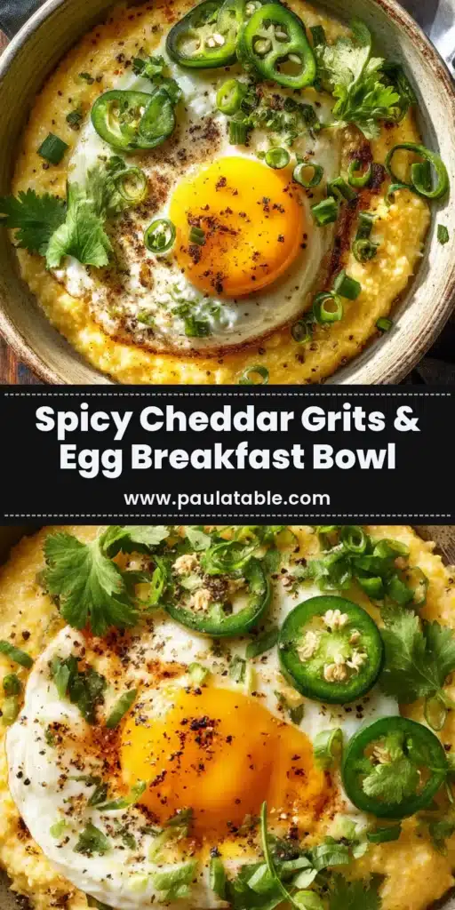 A top-down view of a stoneware bowl filled with creamy spicy cheddar grits, garnished with fresh herbs. The title 'Spicy Cheddar Grits' is written over the image.