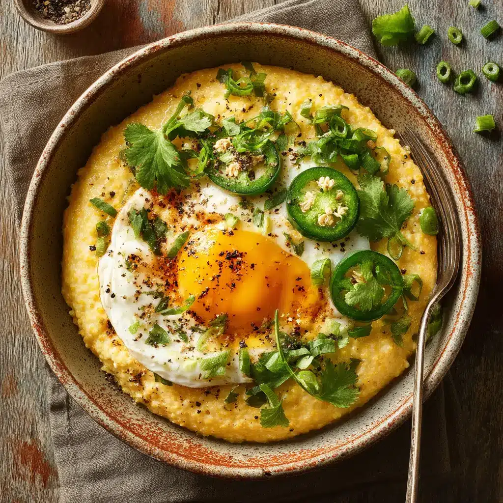 A spoonful of spicy cheddar grits being lifted from a bowl, showing off its rich and smooth texture.