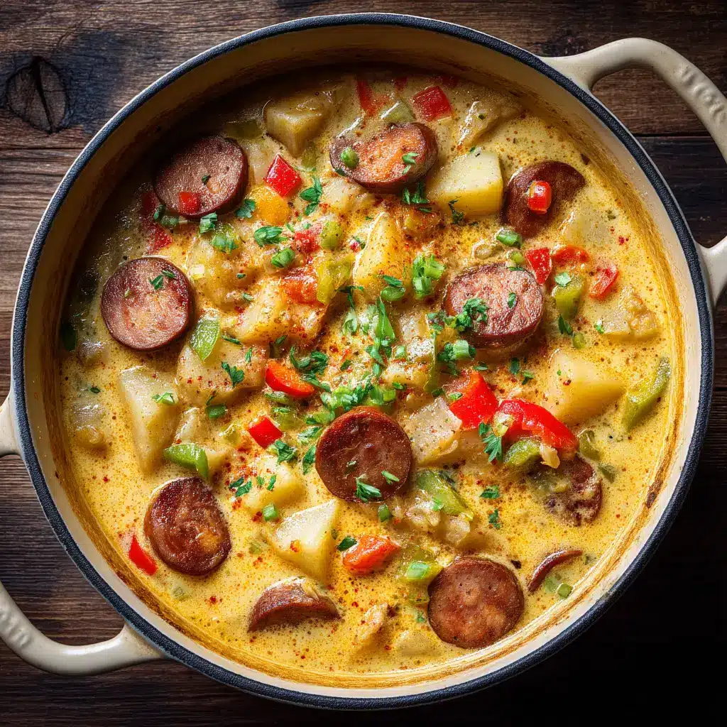 Cajun Potato Soup (The Easiest, Creamiest Recipe!) 1 A delicious bowl of spicy potato soup with Andouille sausage, ready to be served with a rustic spoon.