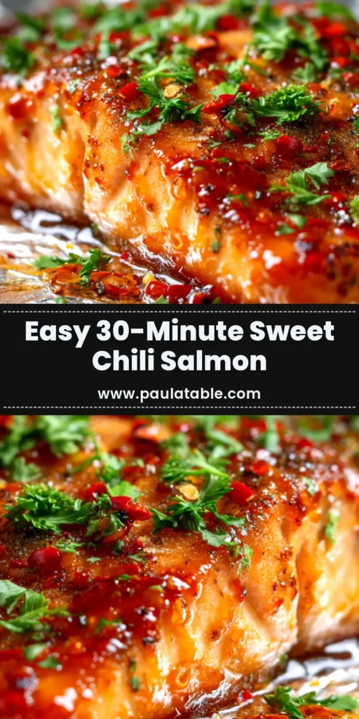 A close-up shot of a perfectly glazed Sweet Chili Salmon fillet on a plate with rice and broccoli. The salmon is flaky and topped with sesame seeds and green onions.