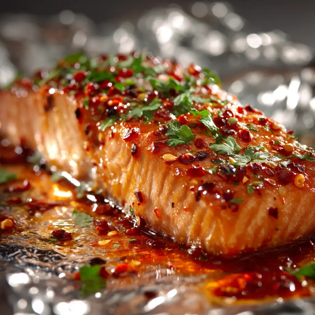 A piece of sweet chili salmon being flaked with a fork, revealing the moist and tender interior of the cooked fish.