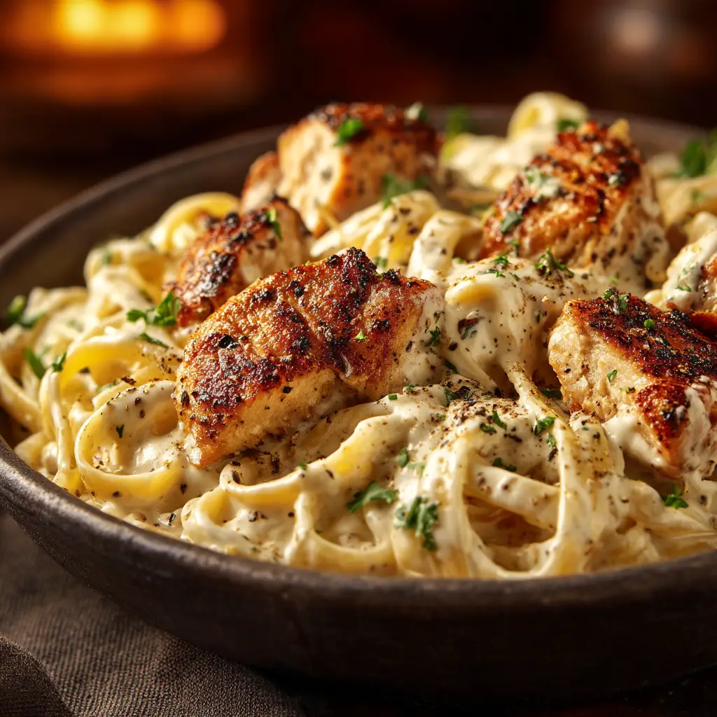 Easy Chicken Alfredo Recipe (The Best Creamy Pasta!) 1 A skillet filled with the easy chicken alfredo recipe, with sliced chicken and fettuccine being tossed in the rich, creamy sauce.