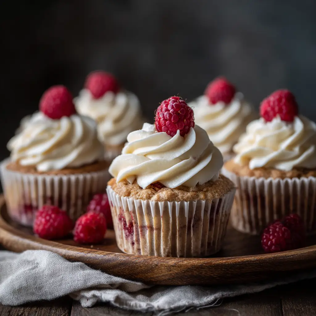 A batch of freshly baked white chocolate raspberry cupcakes cooling on a wire rack before being frosted. The raspberry swirls are visible in the golden cupcake tops.