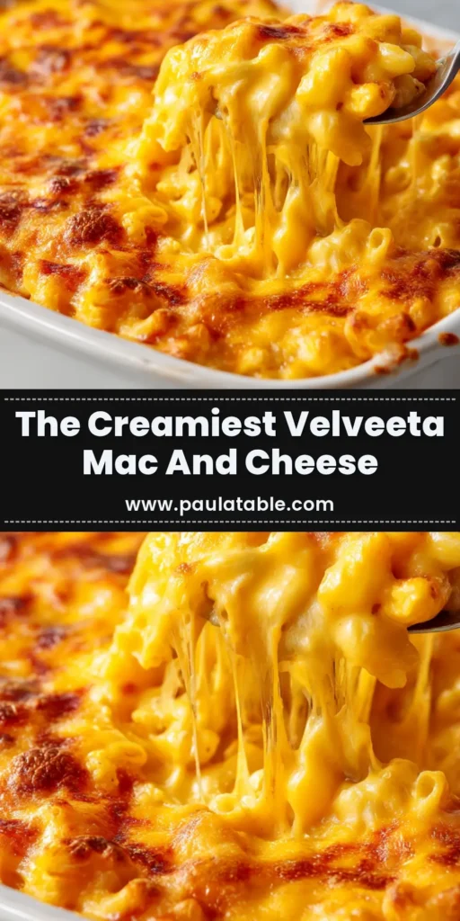 A large white bowl filled with creamy, cheesy Velveeta mac and cheese recipe, with a serving spoon lifting a scoop, showing off the velvety texture.