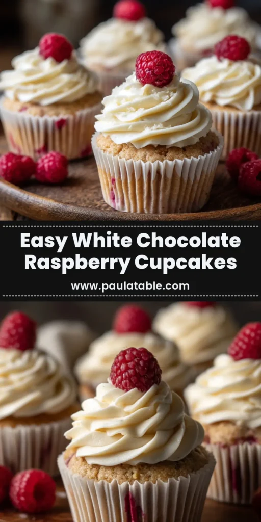 White Chocolate Raspberry Cupcakes (The Perfect Recipe) 3 A beautiful white chocolate raspberry cupcake with perfectly piped white chocolate buttercream frosting and a fresh raspberry on top, ready to be pinned.