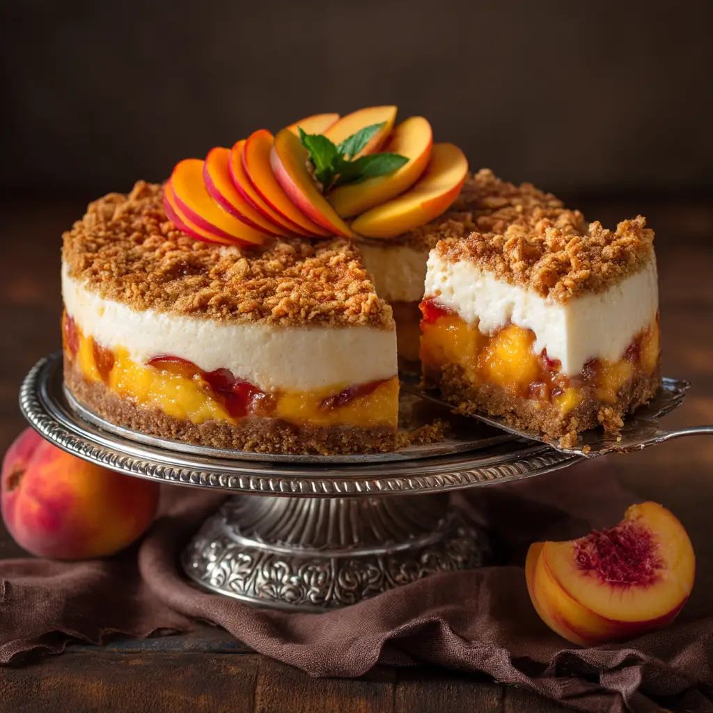A whole Bourbon Peach Streusel Cheesecake on a rustic wooden serving stand, topped with peach slices and a golden-brown streusel.