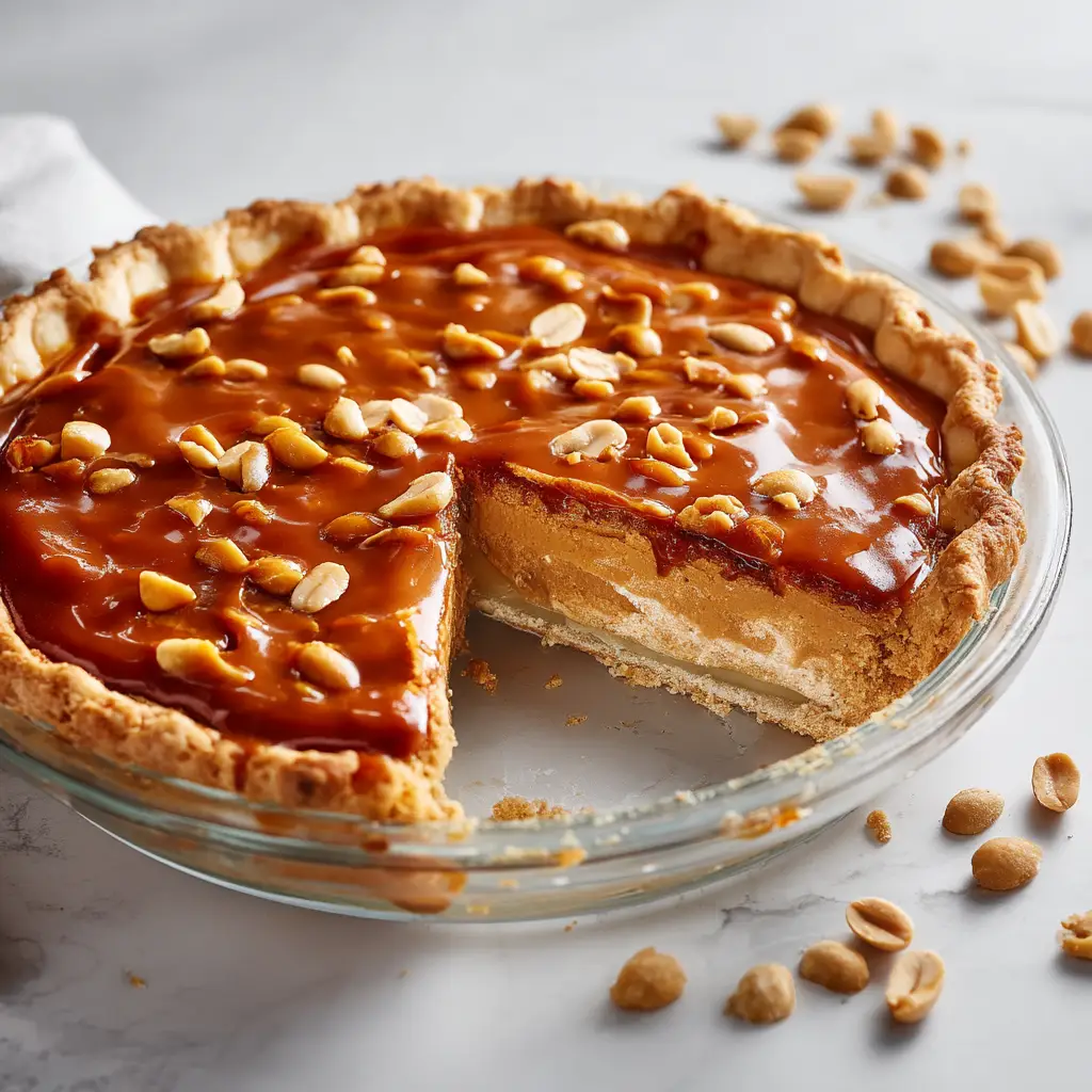 Payday Pie: The Ultimate Salty & Sweet No-Bake Treat 2 A whole homemade Payday Pie in a glass dish, showing the distinct layers of graham cracker crust, creamy peanut butter filling, and caramel peanut topping.