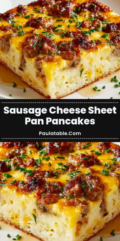A close-up overhead shot of savory sheet pan pancakes with sausage and cheese, cut into squares and ready to serve. (Sheet Pan Pancakes)
