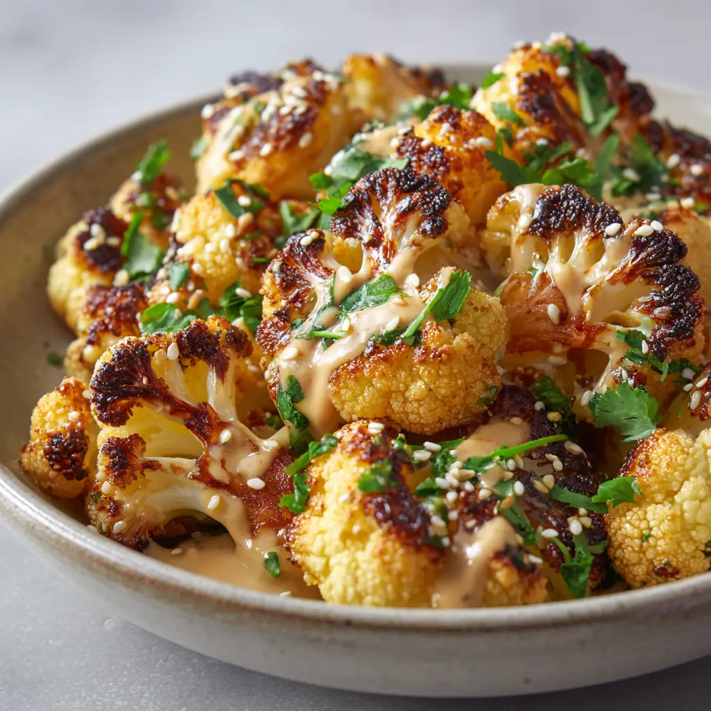 A close-up detail shot of the Moroccan Cauliflower, highlighting the warm spice coating on the cauliflower, the glossy honey glaze, and the finely chopped green cilantro.
