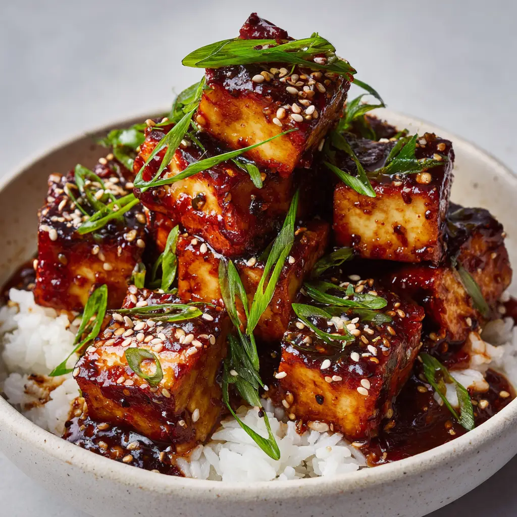 A serving of Honey Garlic Air Fryer Tofu piled over fluffy white rice and garnished generously with toasted sesame seeds and chopped green scallions.