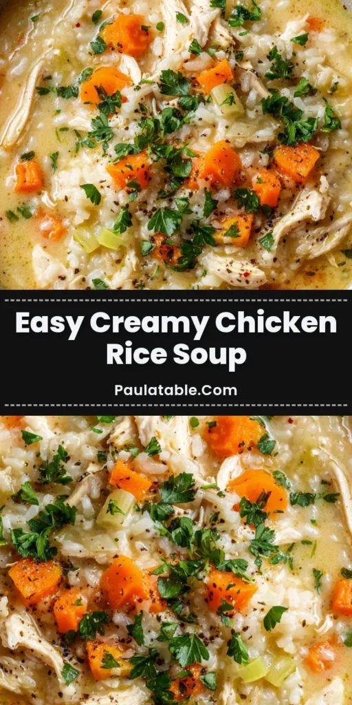 A close-up overhead view of Creamy Chicken and Rice Soup in a rustic bowl. The golden, velvety broth is filled with shredded chicken, rice, carrots, and celery, garnished with parsley and black pepper.