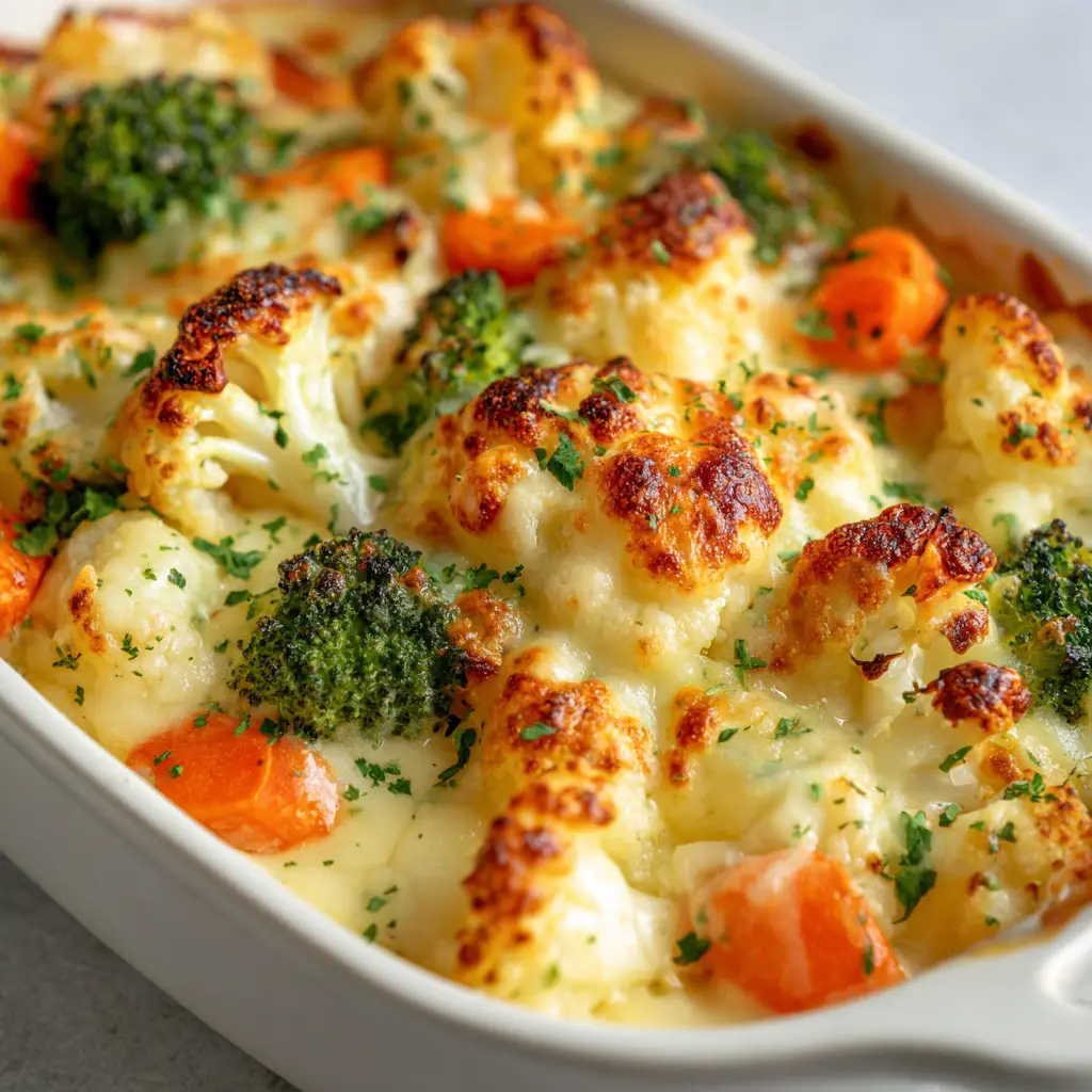 A detailed shot of the beautifully charred, golden-brown crispy edges of the Winter Vegetable Casserole in its white ceramic baking dish.