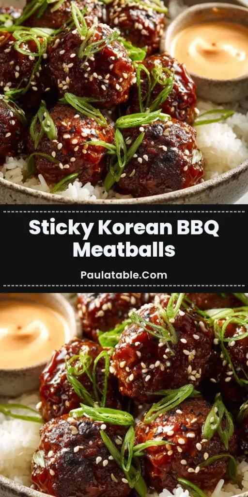 An overhead shot of a bowl of Korean BBQ Meatballs served over rice. The meatballs are coated in a dark, glossy glaze and garnished with sesame seeds and scallions, with a side of spicy mayo.