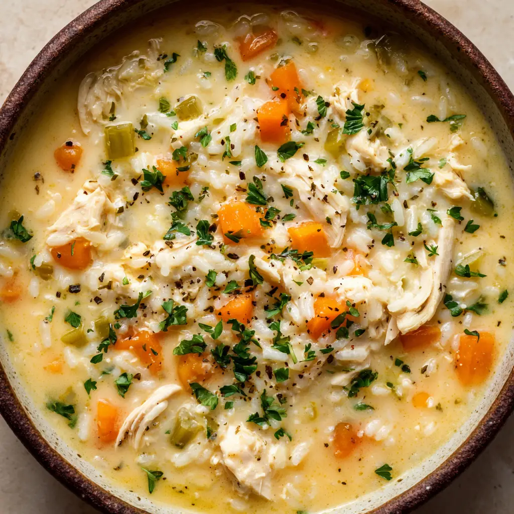A slightly angled overhead view of the finished Creamy Chicken and Rice Soup, showing the texture of the shredded chicken and plump rice grains.