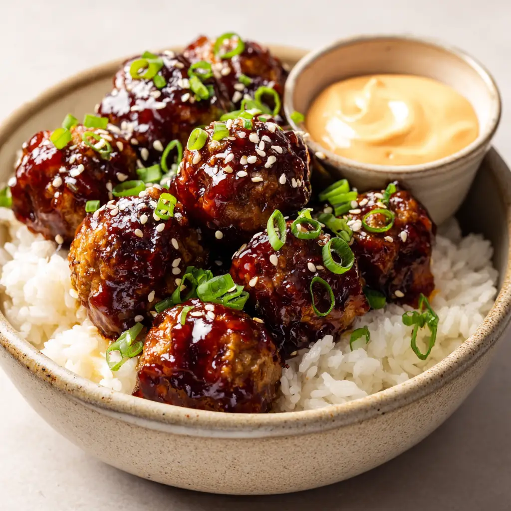 A rustic ceramic bowl of fluffy white rice topped with juicy Korean BBQ Meatballs, garnished with sesame seeds. A small ramekin of pale orange spicy mayonnaise is next to the bowl.