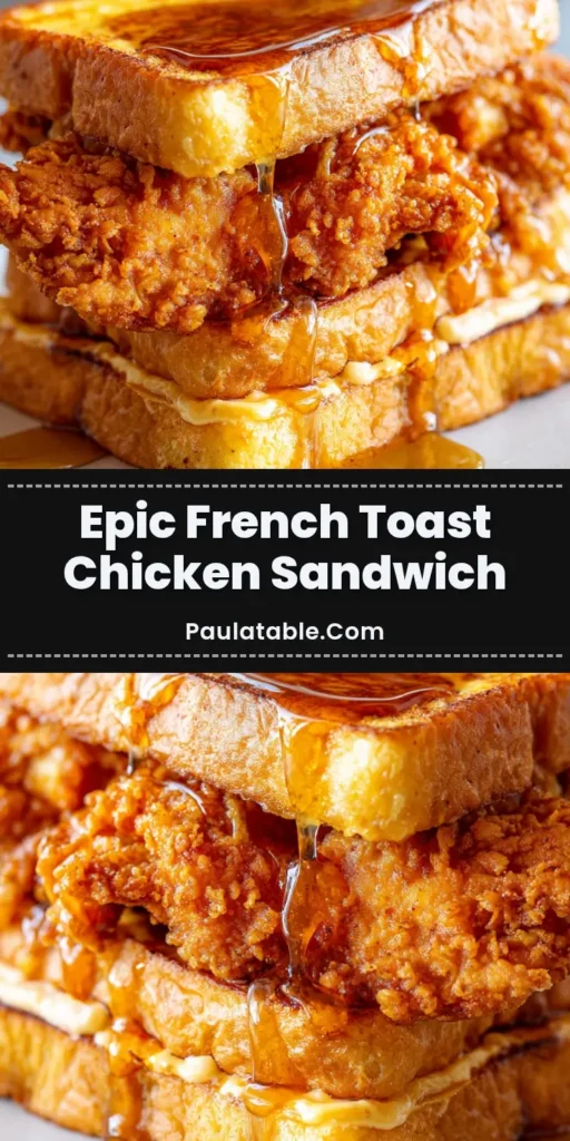 A handheld French Toast Fried Chicken Sandwich with crispy chicken, dripping maple syrup, and spicy mayo, shown against a neutral background.
