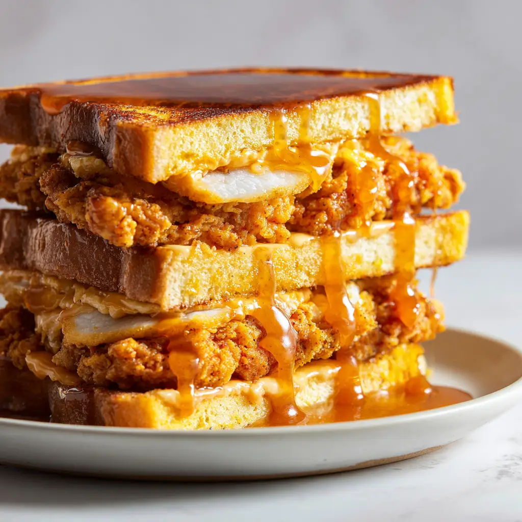 A close-up view of the stacked French Toast Fried Chicken Sandwich, highlighting the craggy texture of the spiced fried chicken crust. (French Toast Fried Chicken Sandwich)