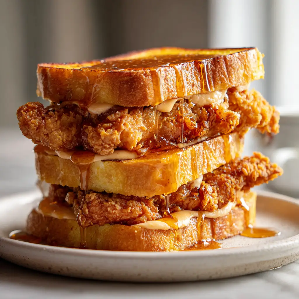 A profile view of the French Toast Fried Chicken Sandwich, showing the thick-cut brioche, juicy chicken, and drips of maple syrup and spicy mayo.