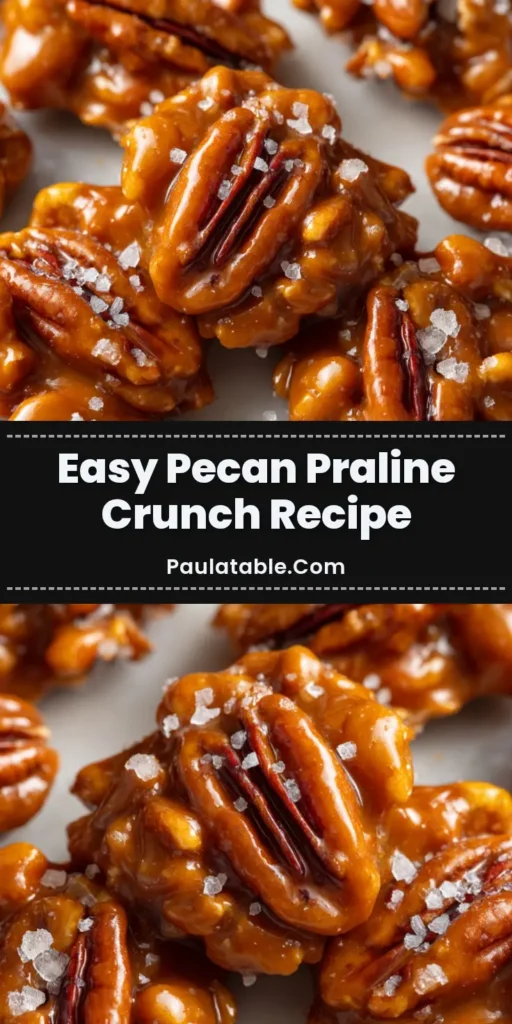A top-down view of homemade Pecan Praline Crunch scattered on white parchment paper. The candy features large roasted pecans in a glossy amber caramel, garnished with coarse sea salt.