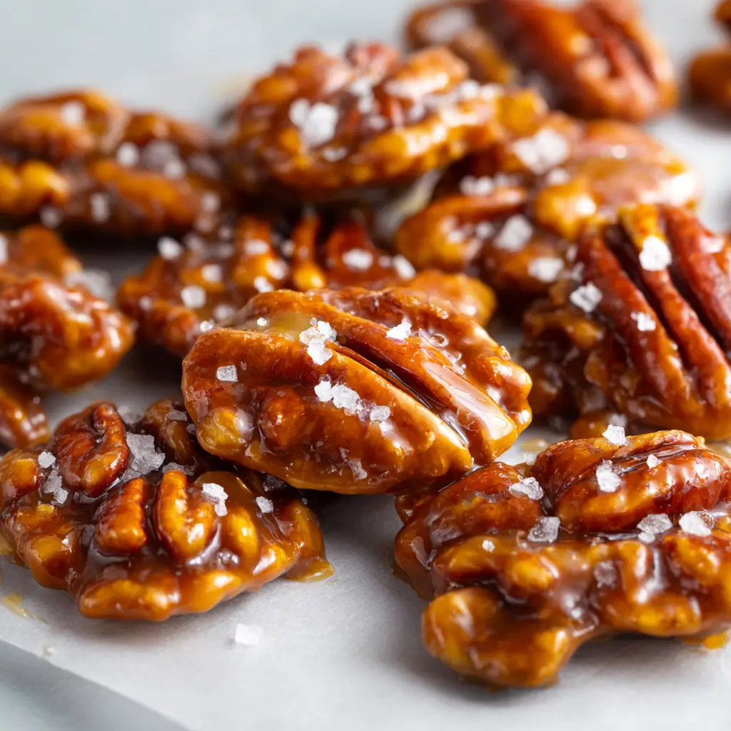 A close-up shot of homemade Pecan Praline Crunch on parchment paper, showing the thick, glossy, amber-colored caramel coating on roasted pecan halves. (Pecan Praline Crunch)