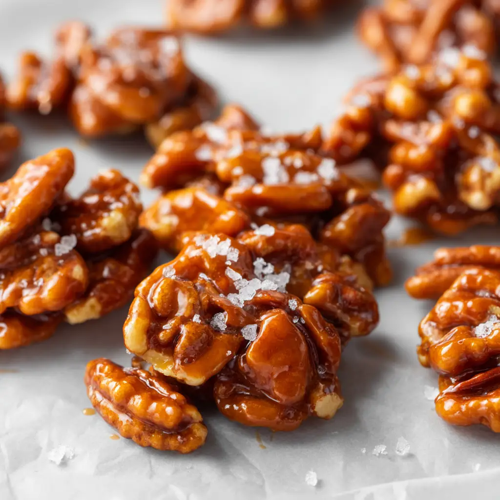 Clusters of Pecan Praline Crunch showing the crystallized caramel edges and coarse sea salt garnish on top.