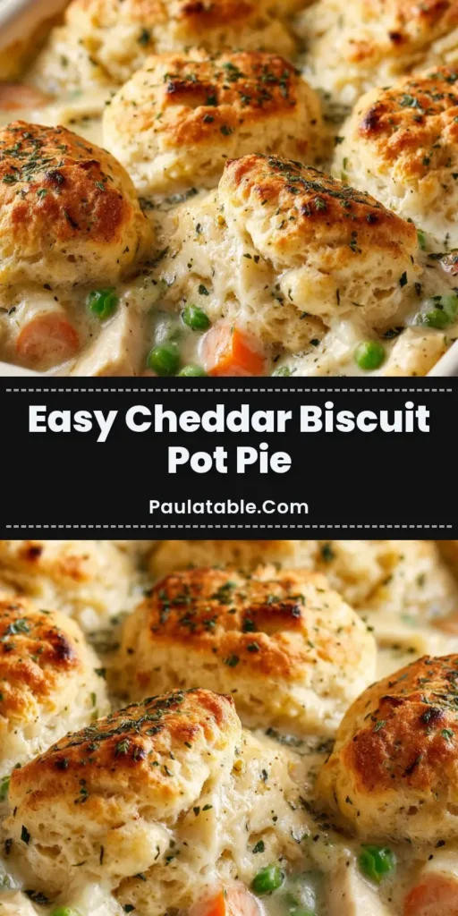 An overhead shot of a Red Lobster Biscuit Chicken Pot Pie in a white baking dish, showing golden cheesy biscuits on a creamy filling.