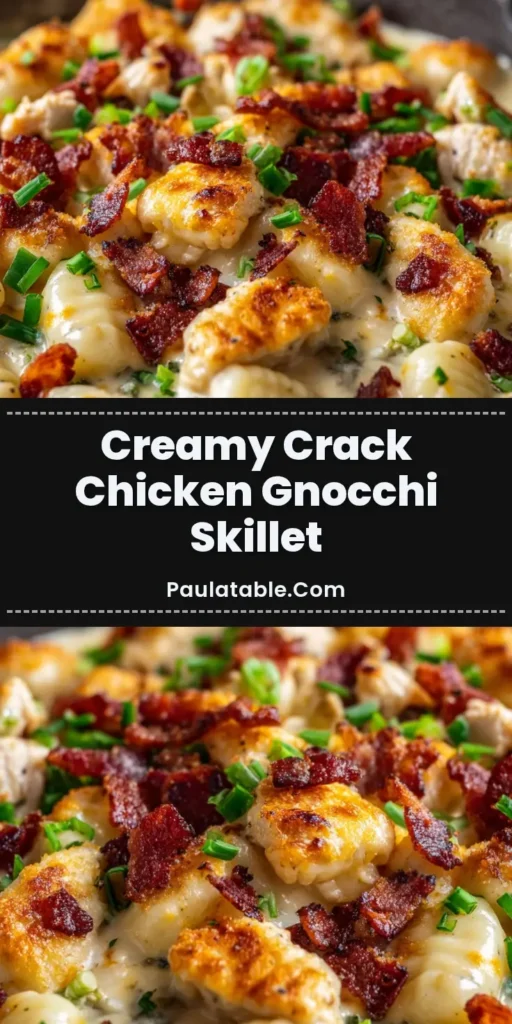 A close-up overhead shot of Crack Chicken Gnocchi in a rustic cast iron skillet, showing creamy cheddar sauce, gnocchi, chicken, crispy bacon, and scallions.