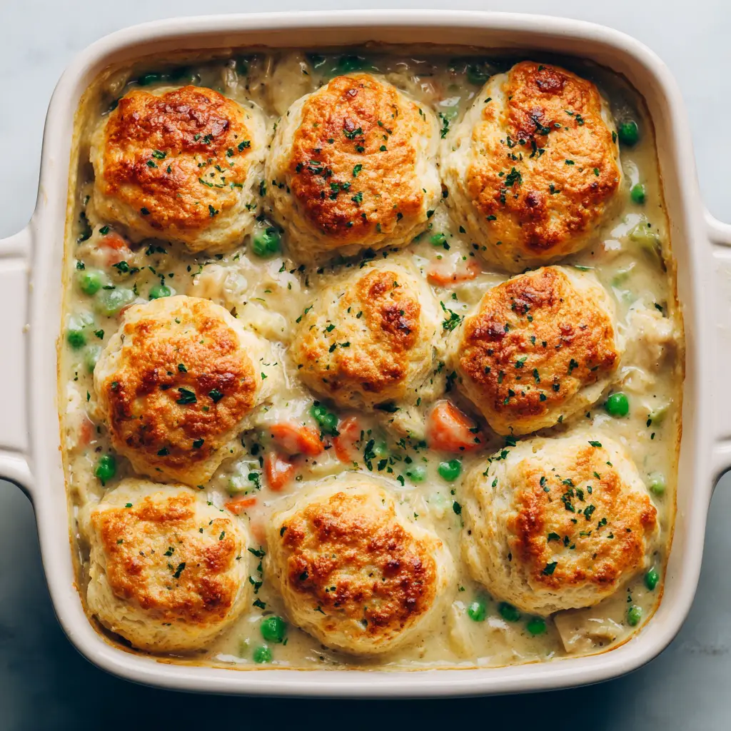 A detailed shot of the creamy chicken, pea, and carrot filling bubbling beneath the cheesy biscuit topping of the Red Lobster Biscuit Chicken Pot Pie.