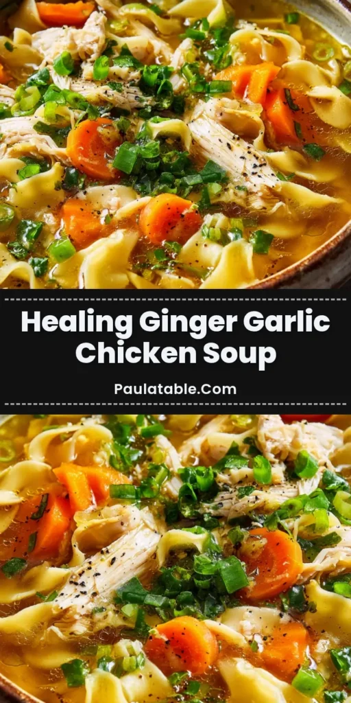 A rustic bowl of Ginger Garlic Chicken Noodle Soup seen from above, with thick noodles, shredded chicken, and a clear golden broth, garnished with scallions and black pepper.