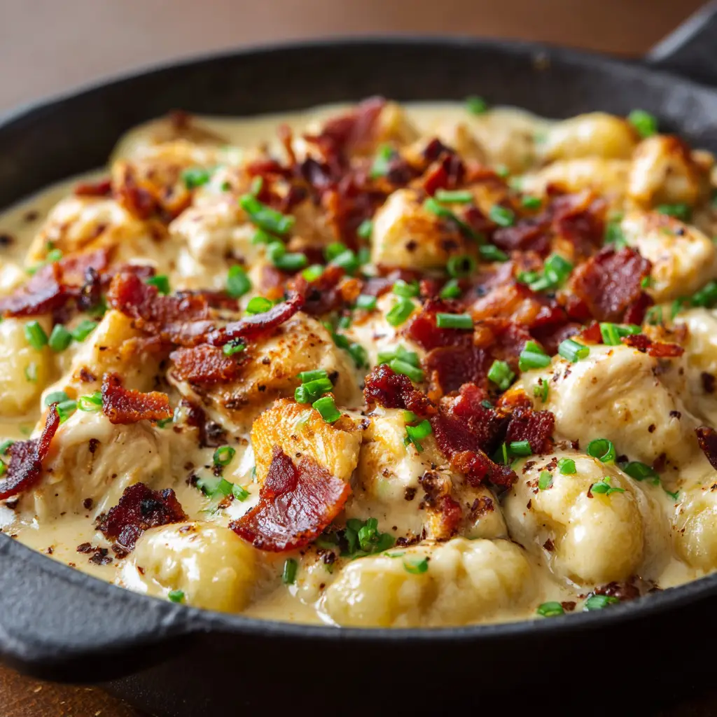 A spoonful of Crack Chicken Gnocchi being lifted from a skillet, showcasing the creamy texture and generous toppings of bacon and scallions.