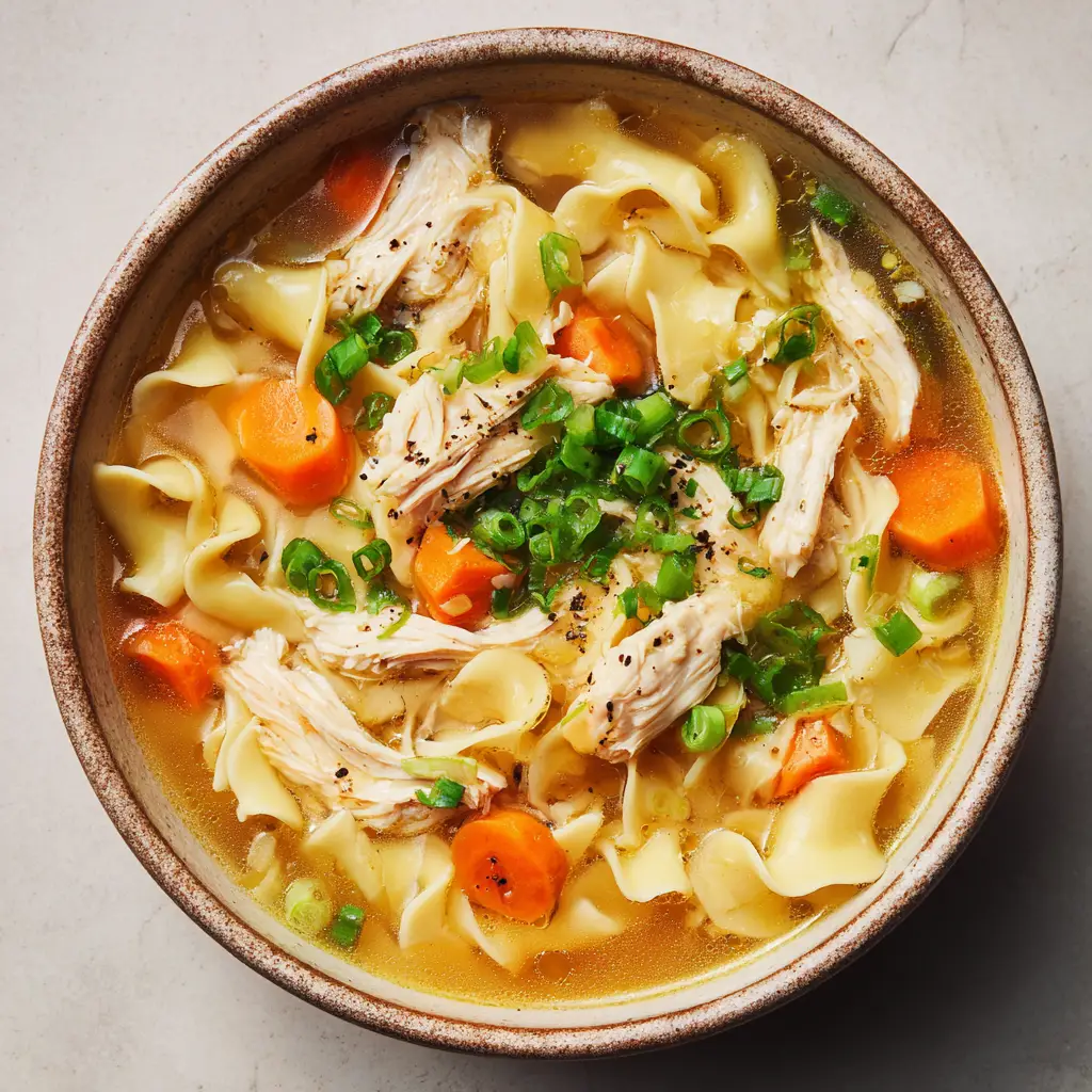 An inviting bowl of Ginger Garlic Chicken Noodle Soup, showcasing the thick wavy noodles and clear, golden broth.