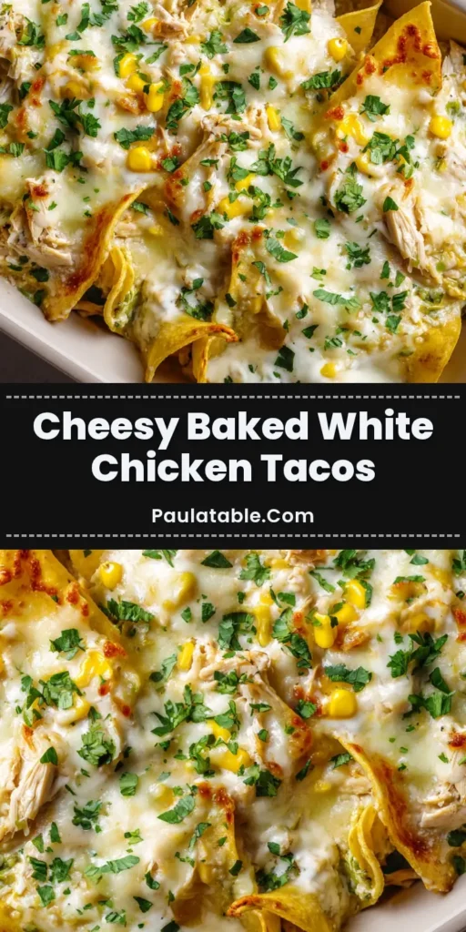 A close-up overhead shot of baked white chicken chili tacos in a ceramic dish, topped with bubbly golden cheese and fresh cilantro.